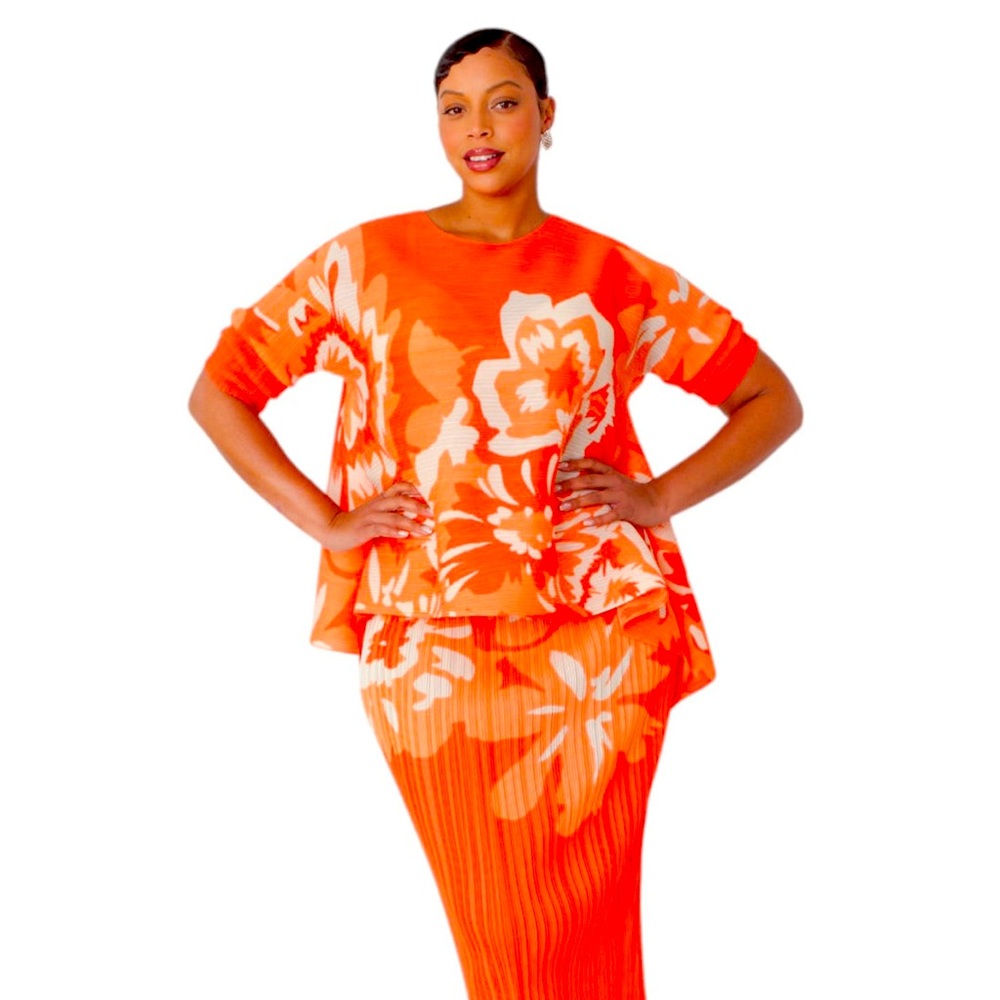 Orange Maxi Pleated Pencil Skirt & Top